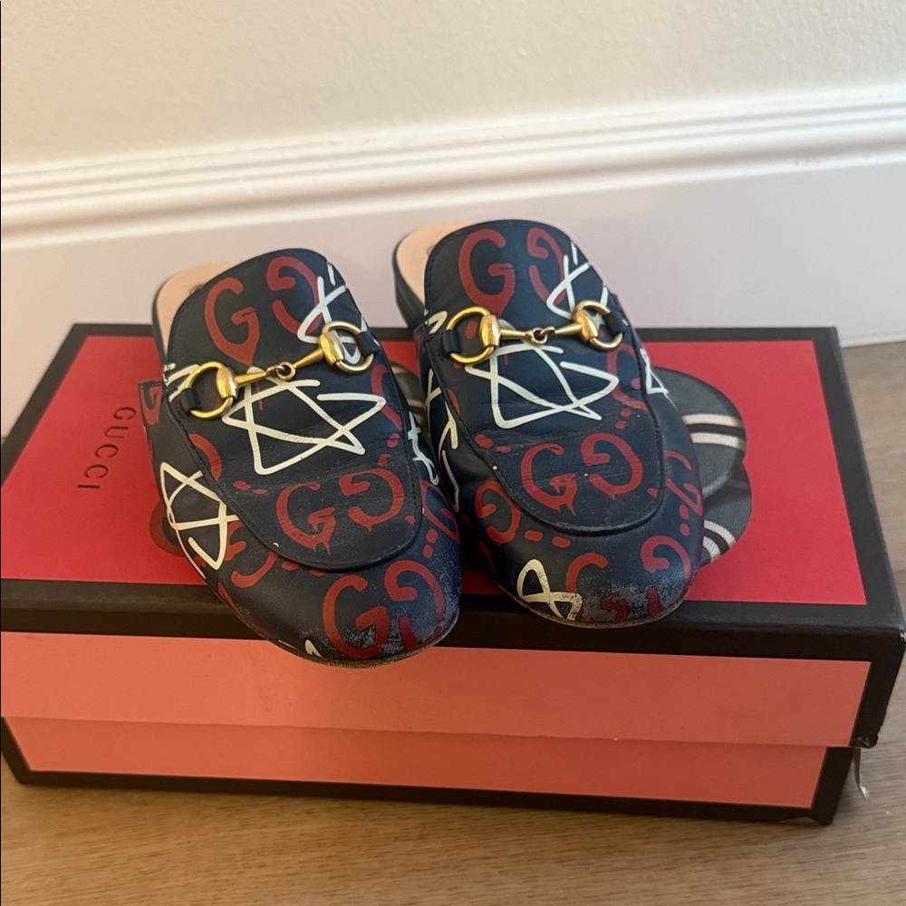 Gucci GG Monogram Moccasins Navy Red Gold